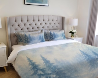 Winter Pine Forest Bedding Set – Cozy Blue Tree Design Comforter, Duvet Cover & Pillow Shams – Nature-Inspired Cabin Bedroom Décor