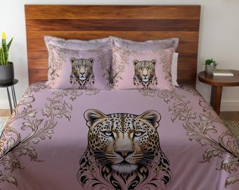 Leopard Print Pillow Sham, Pink bedroom decor, Duvet Cover, Gift for Her, Housewarming, Animal Lover, Dorm room essentials, Bed Set