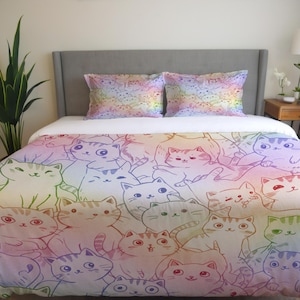 Rainbow Cat Comforter Set – Colorful Boho Duvet Cover, Pillow Sham, Vibrant Feline Bedding for Cat Lovers, Fun & Cozy Bedroom Décor