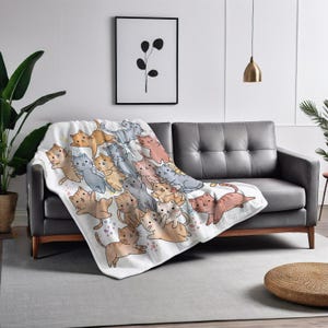 Watercolor Cat Plush Throw Blanket & Pillow – Cute Kawaii Microfiber, Sherpa Options, Cozy Pastel Kitty Decor for Cat Lovers
