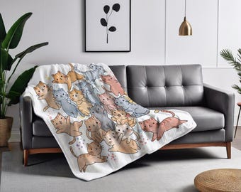 Watercolor Cat Plush Throw Blanket & Pillow – Cute Kawaii Microfiber, Sherpa Options, Cozy Pastel Kitty Decor for Cat Lovers