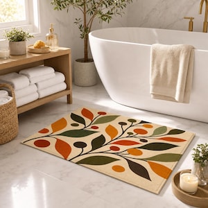 Retro Vintage Autumn Leaf Vine Bath Mat | Fall Foliage Minimilistic Bathroom Rug