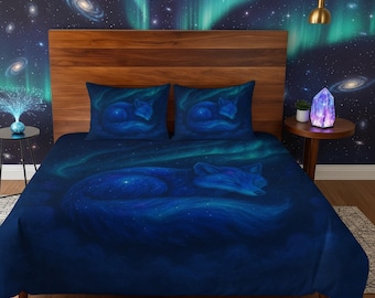 Juego de edredón y funda nórdica Celestial Fox con fundas de almohada – Ropa de cama Galaxy, decoración de dormitorio con temática de vida silvestre cósmica
