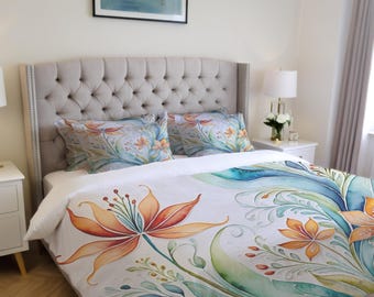 Comforter Set, Duvet Cover and Pillow Shams, Vibrant Botanical Bedding, Boho decor, Abstract Art, Watercolor Floral design