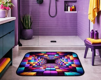 Neon retro kubustunnelbadmat | Kleurrijk geometrisch patroon, antislip