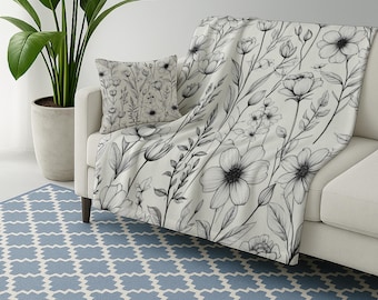 Black & White Floral Microfiber Throw, Sherpa Throw, Plush Throw, Throw Pillow, Vintage Botanical Line Art, Cozy Home Decor Gift