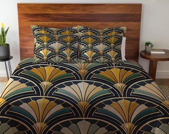 Art Deco Comforter Set | Glam Fan Pattern Bedding | Elegant Vintage Bed Set with Pillow Shams & Duvet Cover