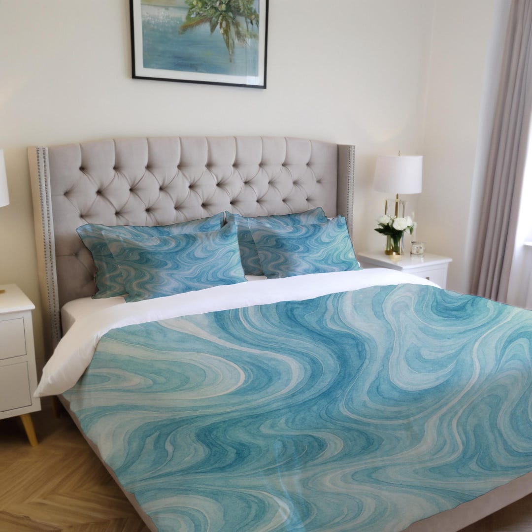 Blue Marble Swirl Bedding Set – Modern Aqua Comforter, Duvet Cover ...