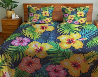 Colorful Tropical Flowers and Palm Leaves, Floral Bedding Set, Botanical Duvet Cover, Summer Bedroom Decor, Hawaiian Quilt, Comforter, Duvet