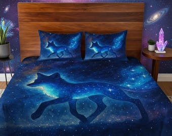 Juego de edredón y funda nórdica Celestial Fox con fundas de almohada – Ropa de cama Galaxy, decoración cósmica para el dormitorio