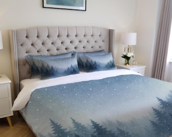 Winter Forest Comforter Set – Blue Pine Tree Bedding, Cozy Duvet Cover & Pillow Shams, Snowy Woodland Bedroom Decor