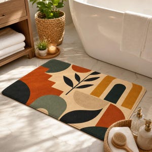 May include: A rectangular bath mat featuring a geometric pattern with abstract shapes in terracotta, sage green, mustard yellow, and charcoal black. The design includes a central black leaf motif, curved arches, and solid blocks of color on a cream base.