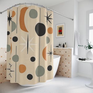 Duschdraperi med himmelsk måne och stjärnor i mitten av århundradet | Retrogeometriskt badrum