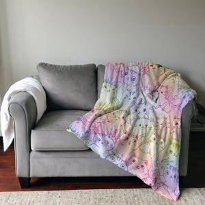 Cozy Cartoon Cat Throw Blanket & Pillow Set | Pastel Rainbow Plush Sherpa | Cute Kawaii Decor for Cat Lovers