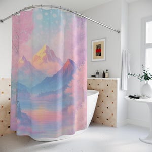 Serene Mountain Shower Curtains - Vibrant Bathroom Decor, Nature-Inspired Gift, Relaxing Home Vibes, comfy Bathroom Style, Pastel Art