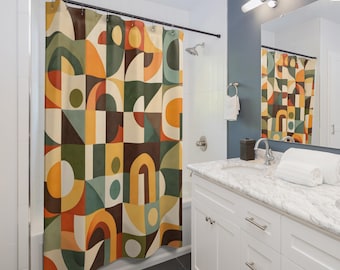 Mid Century Geometric Pattern Shower Curtain | Retro Abstract Shapes