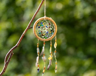 May include: A handcrafted dreamcatcher with a circular woven frame, adorned with colorful beads and feathers. The dreamcatcher is suspended from a tree branch against a blurred green background, showcasing a bohemian aesthetic.