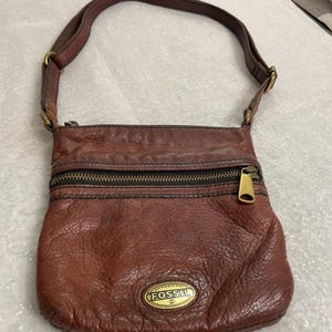 VTG WOMENS FOSSIL Crossbody Authentic Bag Brown Leather Gold Metal 8”x 8.25