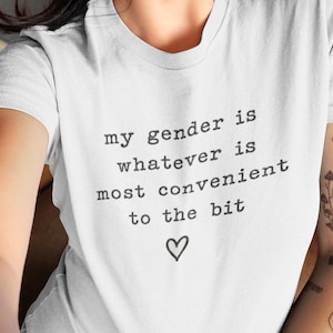 Può includere: Una t-shirt a maniche corte di colore grigio chiaro con il testo stampato in nero 'my gender is whatever is most convenient to the bit' seguito da un piccolo simbolo a forma di cuore disegnato a mano al centro del petto.