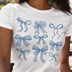 Coquette Bows T-Shirt, Blue Bow Shirt, Floral Blue Bow Shirt, Ribbon Shirt, Blue Ribbon Shirt