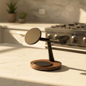 Op de afbeelding: Een houten en zwart oplaadstation voor meerdere apparaten. De basis is donker hout, met een zwart oplaadpad. De standaard heeft een zwarte arm met twee ronde oplaadpads. Achtergrond is een aanrecht in de keuken.