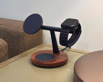 Cargador inalámbrico magnético 3 en 1 ZenStand, diseño de madera de nogal auténtica (adaptador de corriente no incluido)