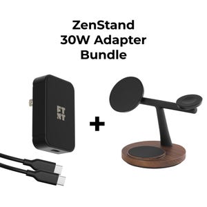 May include: A black ZenStand 30W Adapter Bundle. The bundle includes a black adapter, a charging stand with a wooden base, and a black charging cable. The stand has two charging pads and a black arm. The text "ZenStand 30W Adapter Bundle" is at the top.