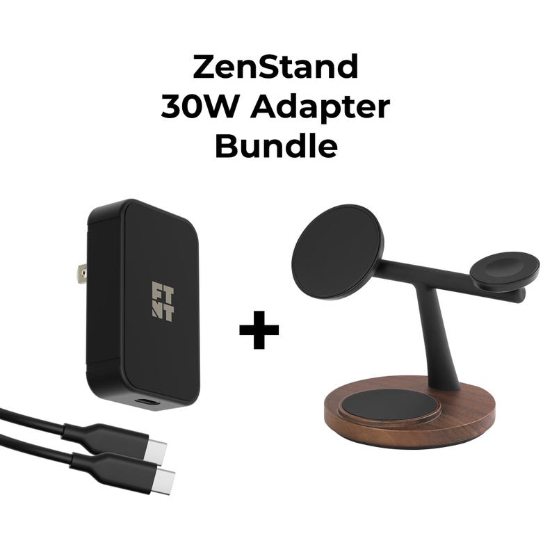 May include: A black ZenStand 30W Adapter Bundle. The bundle includes a black adapter, a charging stand with a wooden base, and a black charging cable. The stand has two charging pads and a black arm. The text "ZenStand 30W Adapter Bundle" is at the top.