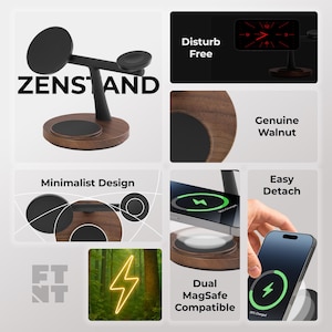 May include: A black and brown Zens stand with a minimalist design, featuring a dual MagSafe charging base. The stand is made of genuine walnut and includes the text "Disturb Free". The phone shows a charging icon.