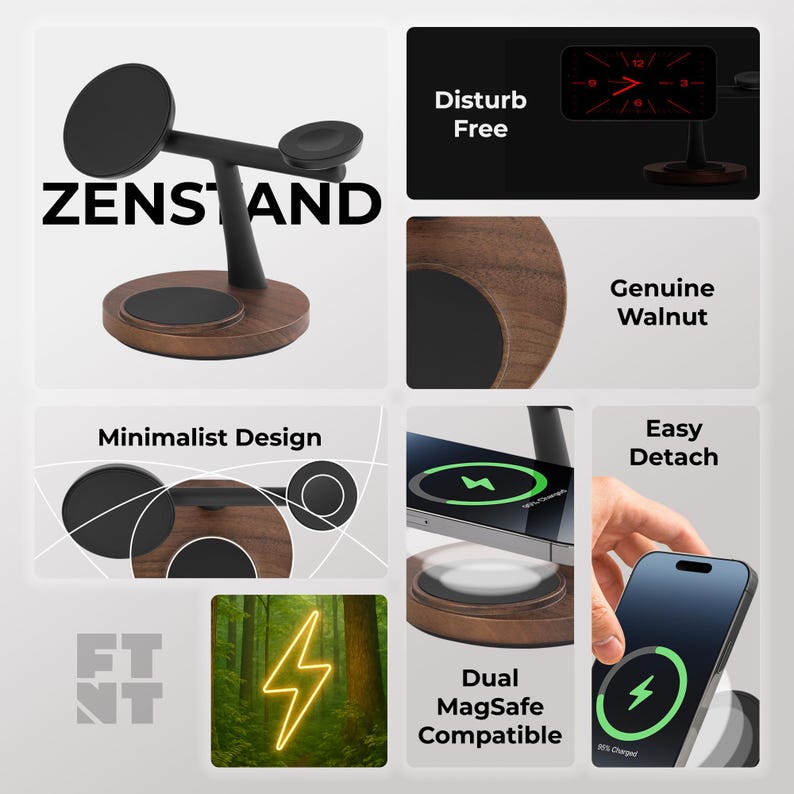 May include: A black and brown Zens stand with a minimalist design, featuring a dual MagSafe charging base. The stand is made of genuine walnut and includes the text "Disturb Free". The phone shows a charging icon.