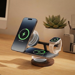 Walnut Wood 3-in-1 Magnetic Wireless Charger, Award-winning Design (USA/CANADA 30W Power Adapter Included) image 4