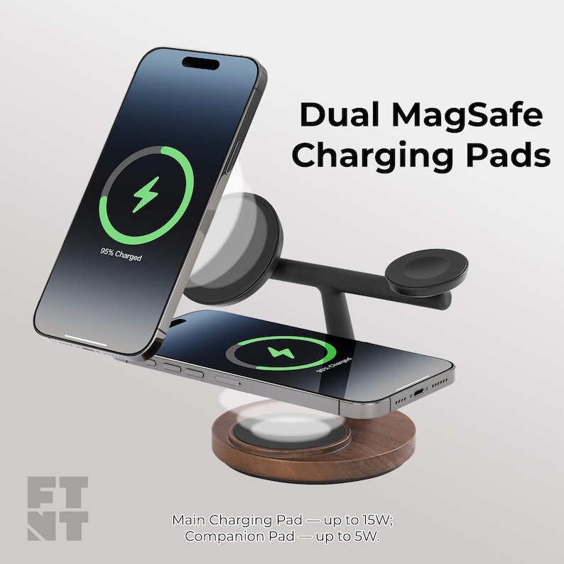 May include: A dual MagSafe charging station with two smartphones charging. The top phone shows 95% charged. The base is wood-toned, and the charging pads are black. Text reads "Dual MagSafe Charging Pads."