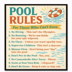 Funny Retro Pool Rules Sign, Backyard Decor (Digital Download)