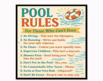 Funny Retro Pool Rules Sign, Backyard Decor (Digital Download)