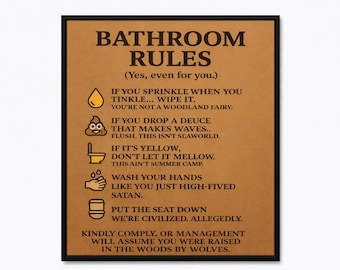 Puede incluir: Un letrero enmarcado con reglas de baño, con fondo marrón y texto negro. El letrero incluye instrucciones e ilustraciones humorísticas sobre la etiqueta en el baño, como limpiar después de orinar y tirar de la cadena.