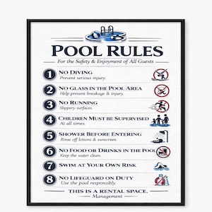 Modern Pool Rules Sign | Rental Property Safety, No Lifeguard (Digital Download)