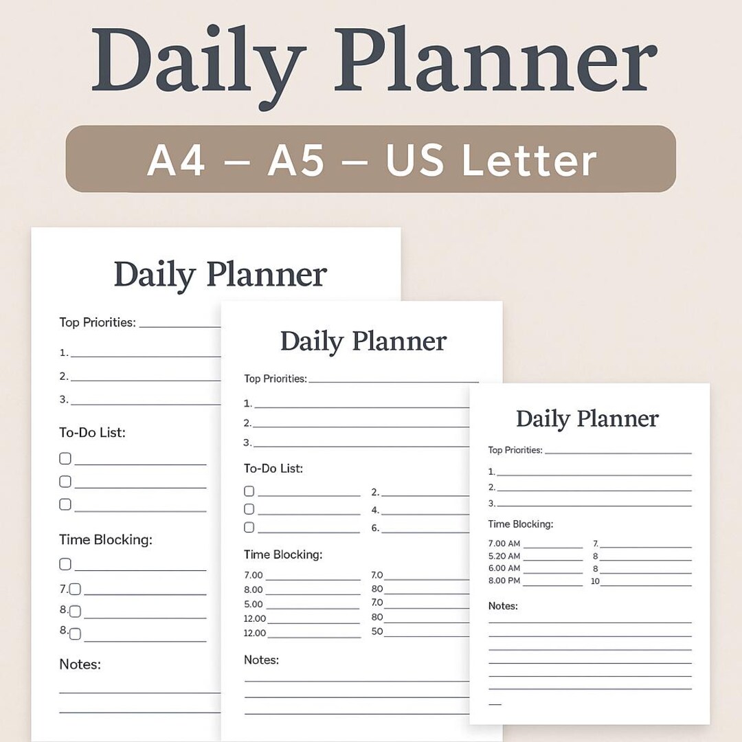 Printable Daily Planner Bundle – A4, A5 & US Letter Sizes | Time ...