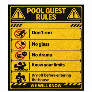 May include: A rectangular sign with a yellow and black design, featuring the text "POOL GUEST RULES." The sign lists rules such as "Don't run," "No glass," and "No drama." The bottom of the sign reads "WE WILL KNOW."