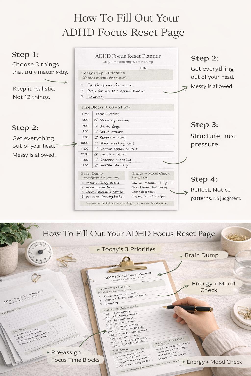 ADHD Focus Reset Planner Printable | Daily Time Blocking Journal PDF ...