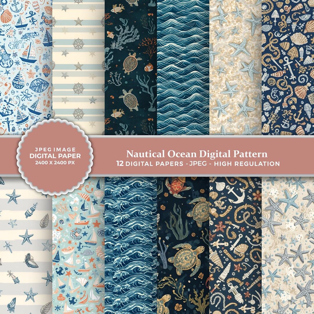 Nautical Ocean Digital Pattern | Coastal Seamless Marine Design | Blue ...