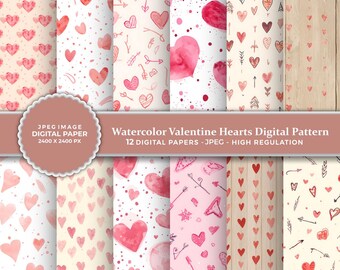 Watercolor Hearts Digital Paper | Digital Valentine Pattern (12x12in, JPEG)