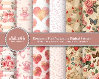 Romantic Pink Valentine Digital Pattern | Hearts Printable Paper | Digital Scrapbook Background