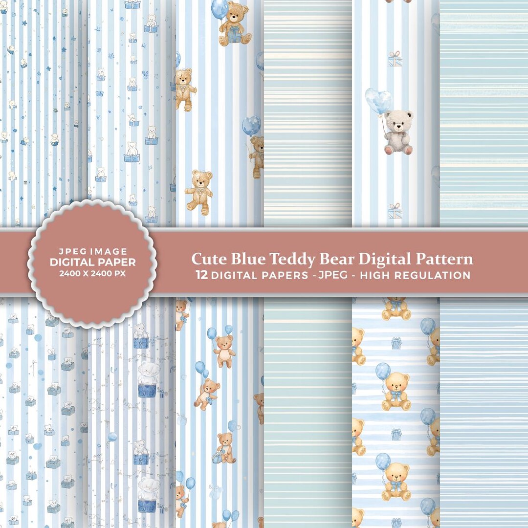 Blue Teddy Bear Digital Paper – Digital Baby Shower Patterns (JPEG) - Etsy