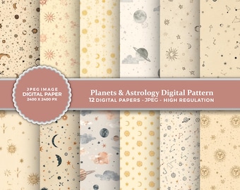 Celestial Planets Digital Paper | Digital  Zodiac Pattern (JPEG)