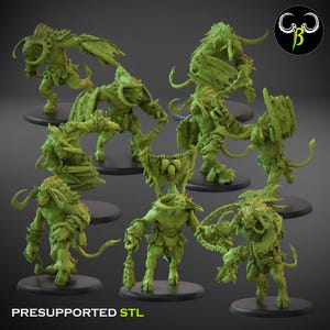 May include: A collection of green fantasy creature figurines with horns, armor, and weapons, posed on black circular bases. The figures are in various action stances. The text "PRESUPPORTED STL" is at the bottom.