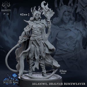 Puede incluir: Figura en miniatura gris detallada de Selanwe, Dralfar Runeweaver, de la Corte del Rey Sin Sol. La figura mide 42 mm de alto y se encuentra sobre una base de 25 mm. La figura sostiene una espada y una llama estilizada.