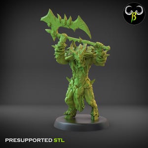 May include: A green figurine of a horned warrior holding a large axe with jagged edges. The figure is posed on a black base. The text "PRESUPPORTED STL" is at the bottom.