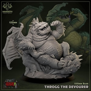 May include: A detailed, gray resin figurine of a dragon-like creature, Throgg the Devourer, with large wings and a menacing expression. The base is 100mm, and the figure is 122mm tall. The Mammoth Factory logo is visible.