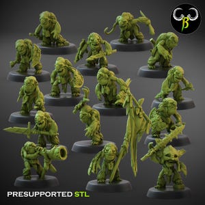 May include: A collection of green miniature fantasy figures, each posed differently and mounted on a black base. Some figures hold weapons like swords and shields. The text "PRESUPPORTED STL" is at the bottom of the image.
