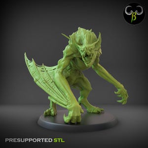 May include: A green, monstrous creature figurine with large bat-like wings, sharp claws, and an open-mouthed expression. The figurine is on a black base, with the text "PRESUPPORTED STL" at the bottom.